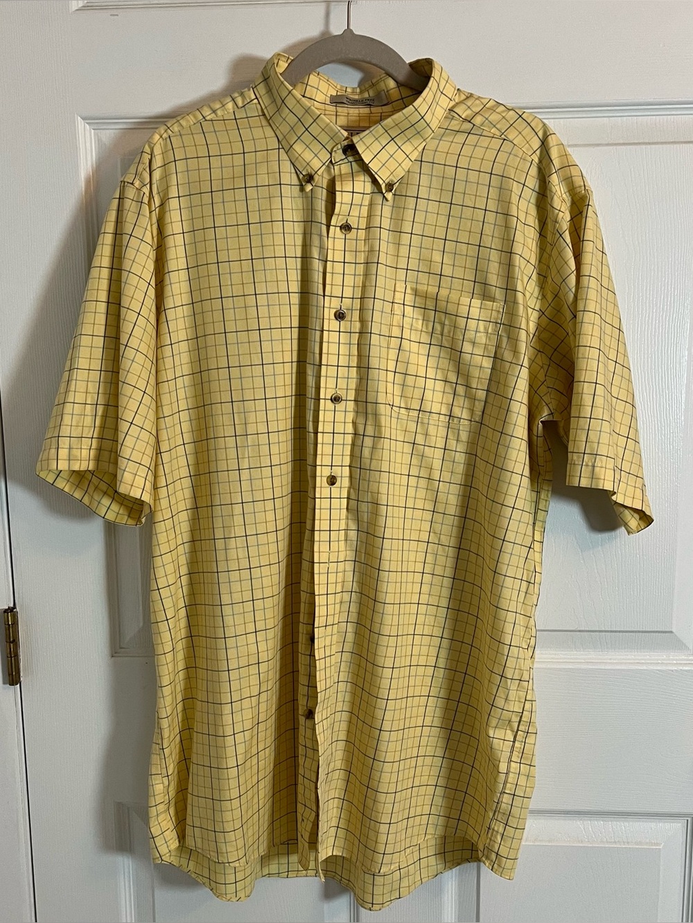 L.L. Bean Yellow Blue Plaid Tattersall Windowpane Short Sleeve Shirt XL Tall XLT